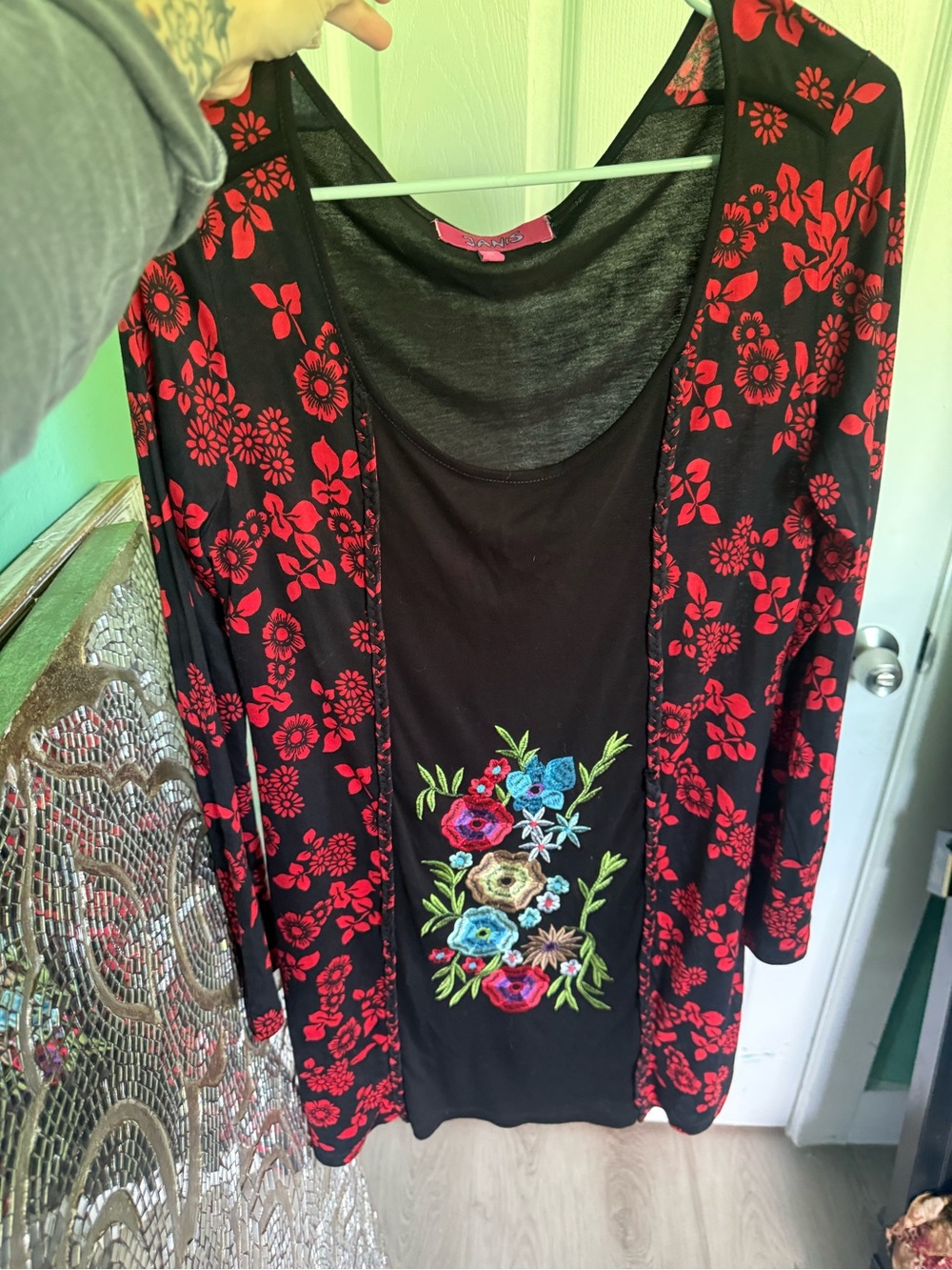 Floral Embroidered Black dress with Red Floral details from Denmark